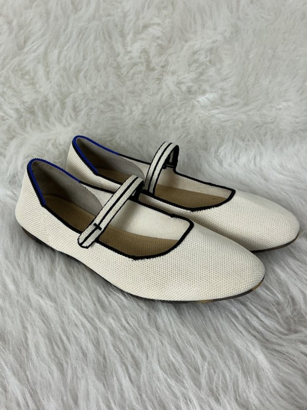 Rothy's Cream Gardenia White Black Trim Blue Halo The Square Toe Mary Janes 8